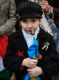 Sikulské děvče s maďarskou trikolórou na klopě na velkém pochodu v Târgu Mureși.
