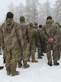 Nástup ukrajinských vojáků účastnících se cvičení ve vojenském prostoru Libavá při návštěvě ministryně obrany Jany Černochové (ODS)