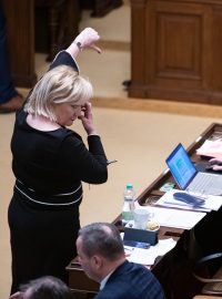 Alena Schilllerová v Poslanecké sněmovně ukazuje poslancům ANO jak mají hlasovat.