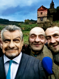 Takto si představuje kandidáty v komunálních volbách umělá inteligence Midjourney. Překlad zadání, které vedlo k vygenerování obrázku: „kandidáti z českých komunálních voleb si na vesnici pořizují selfie“.